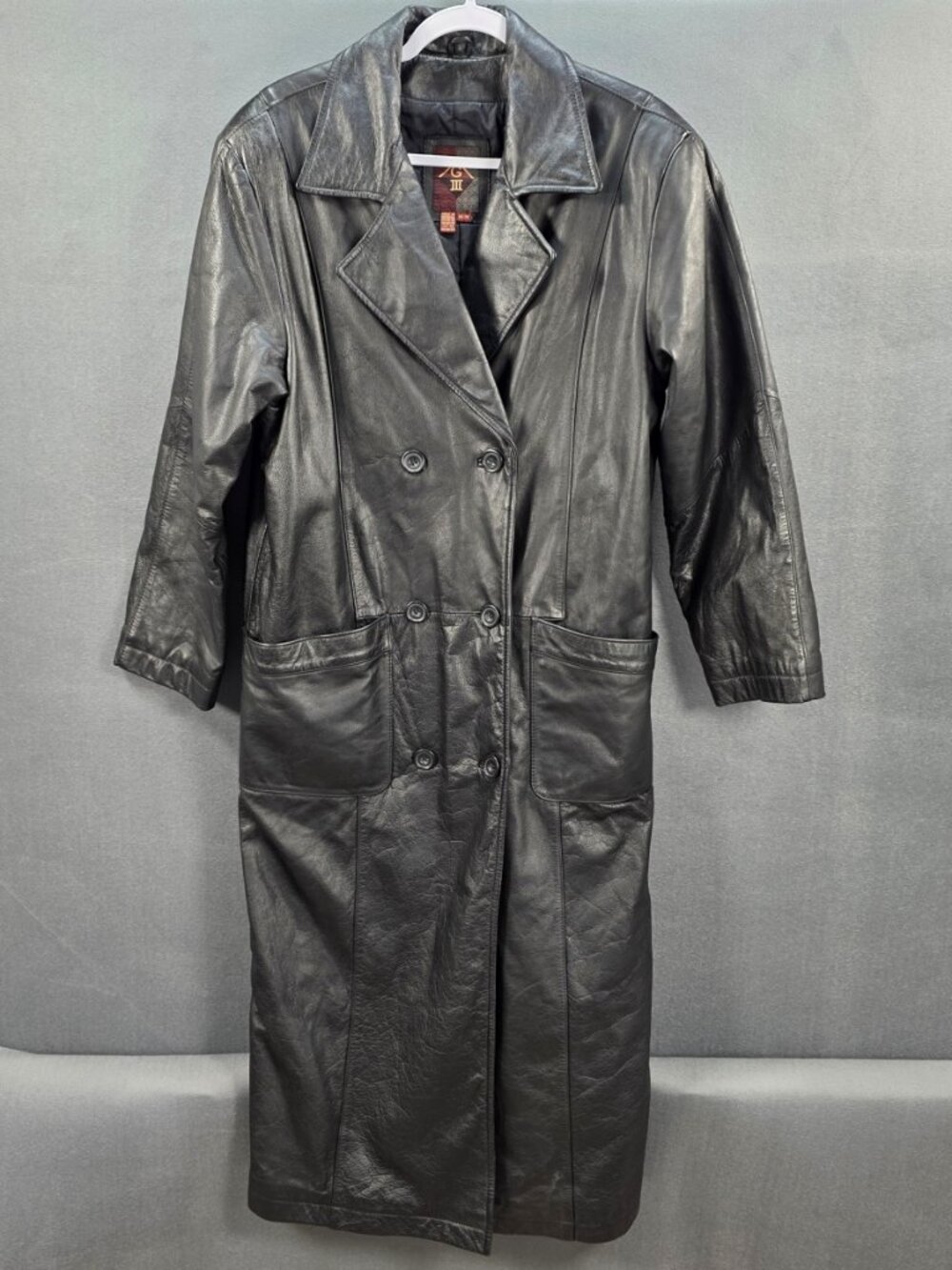 Vintage 90s G III Black 100% Leather Long Double Breasted Coat Women M